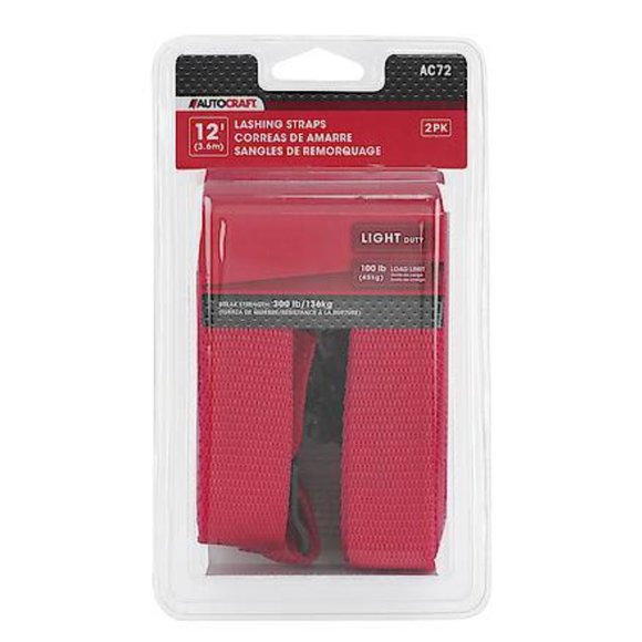 AutoCraft Lashing Strap: 1"W X 12'L, 300 Lbs Work Capacity, With Hooks, 2 Pack - Picture 1 of 2